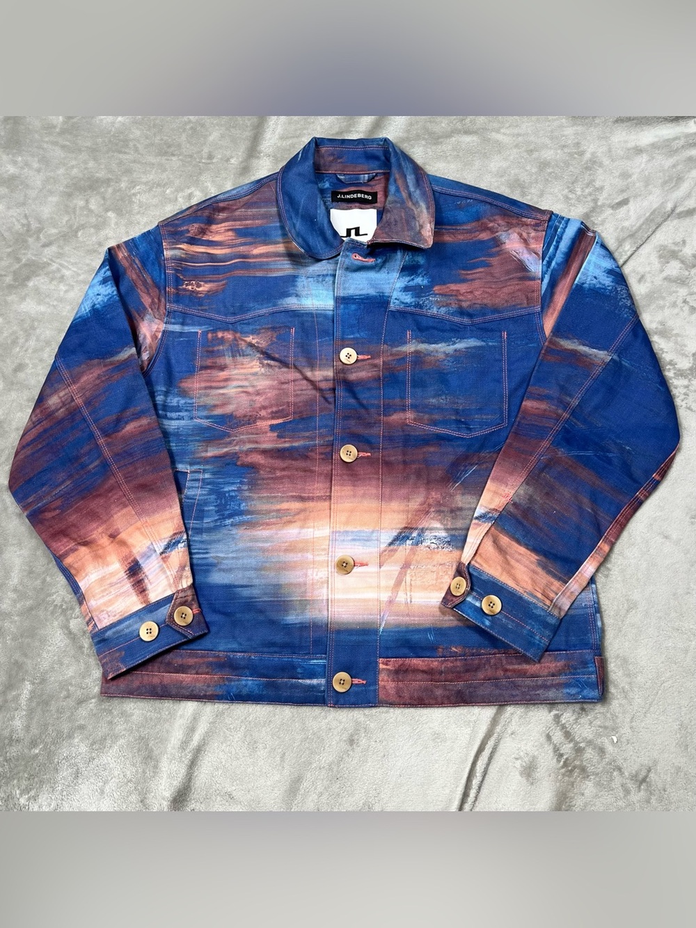 J. Lindeberg Talen Light Jacket Mens L Blue Abstract Watercolor Golf Trucker